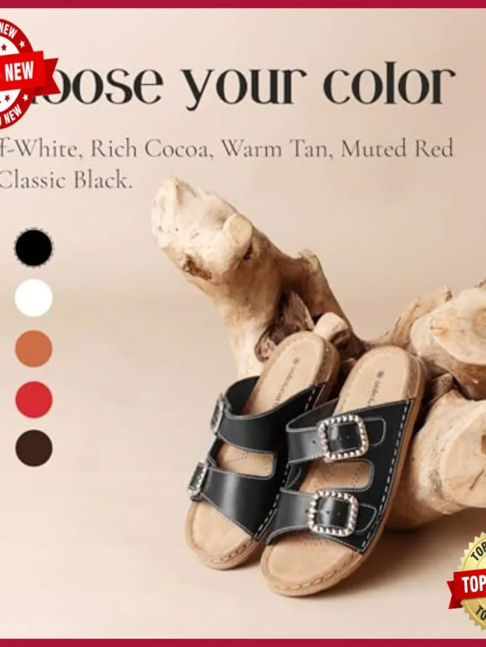 Leather Studded Double-Buckle Slide Sandals, Women's US 6-10, Full-Grain